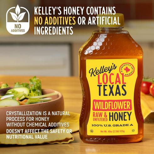 40 oz 100% Kelley's Local Texas Wildflower Honey Pure, Raw and Unfiltered All-Natural American Honey for Tea, Baking