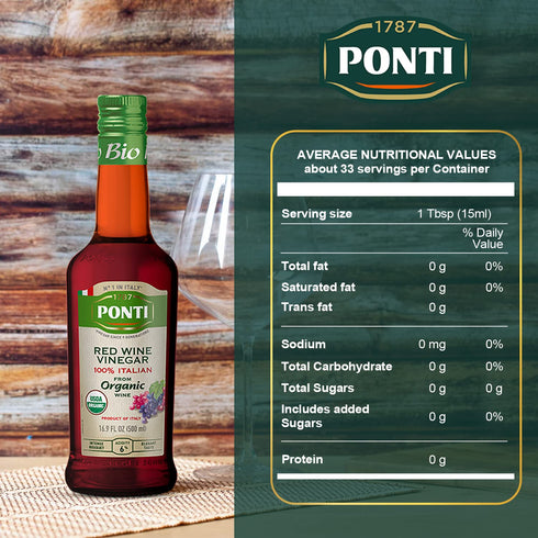 100% 16.9 oz Ponti Italian Red Wine Vinegar for Cooking - Organic Red Wine Vinegar with Balanced Acidity & Harmonious