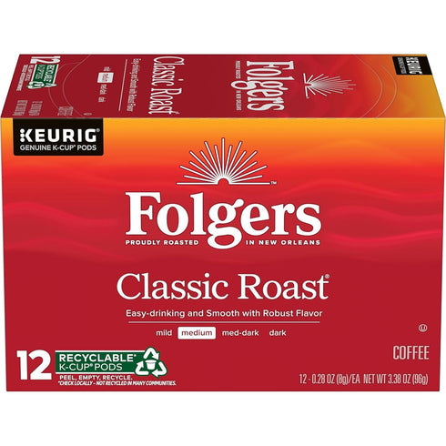 12 Count (Pack 6) Folgers Classic Roast, Medium Roast Coffee, Keurig K-Cup Pods, Boxes