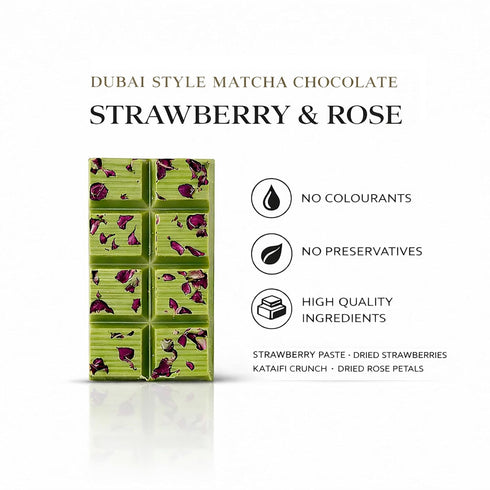 5.6oz Matcha White Chocolate Bar with Strawberry Paste, Dried Strawberries, Kataifi Crunch & Dried Rose Petals Handmade