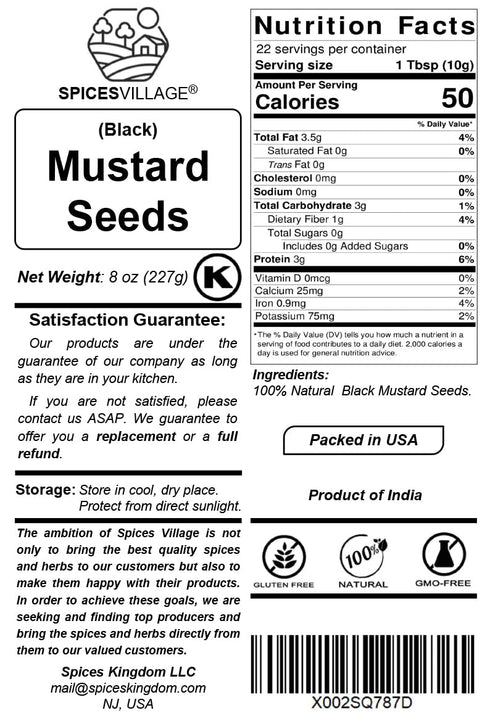8 oz, SPICES VILLAGE Black Mustard Seeds, Whole Mustard Spice for Pickling and Chutney, Kosher, Gluten Free, Non GMO