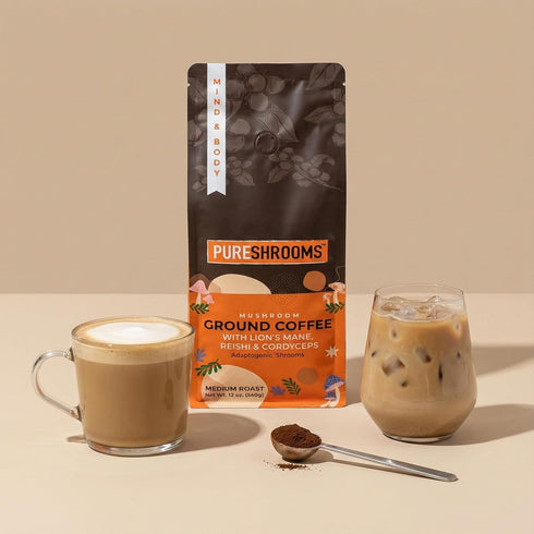 340g PureShrooms Mind & Body Ground Mushroom Coffee Focus, Energy & Mood Support Premium Arabica with Organic Lions