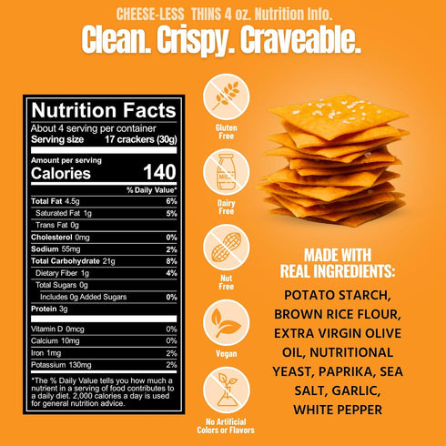 4oz Every Body Eat Snack Cracker Thins, Cheese-Less - Gluten Free, Vegan, Dairy Free, and Seed Oil Free