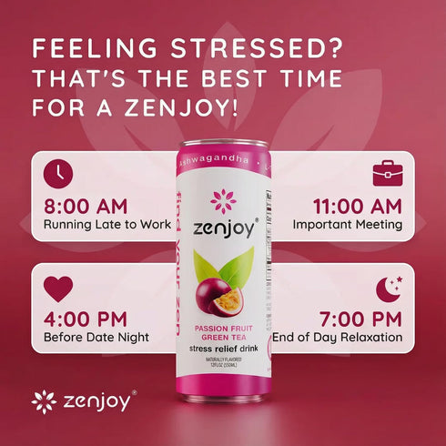 (12 Pack) Zenjoy Stress Relief Drink, Calming Green Tea, Non Alcoholic, Ashwagandha & Lemon Balm for Stress Relief, L