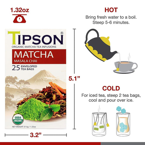 Tipson Organic Matcha Green Tea - Masala Chai Flavor, 25 Foil Enveloped Double Chambered Bags - Keto/Paleo