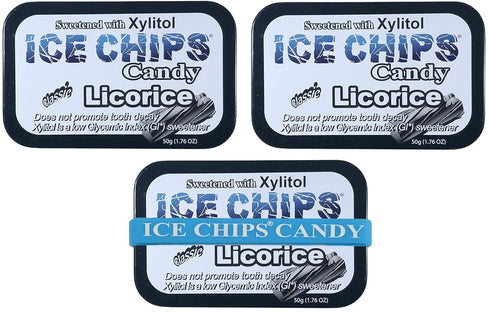 ICE CHIPS Xylitol Candy Tins, 5.28 oz total (Licorice, 3 Pack) - Includes BAND