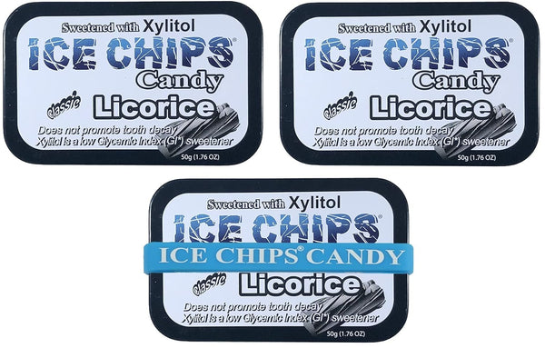 ICE CHIPS Xylitol Candy Tins, 5.28 oz total (Licorice, 3 Pack) - Includes BAND