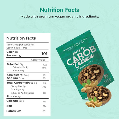 8 Oz, Missy J's Organic Carob Covered Cashews Vegan Gluten Free, Substitute for Chocolate, Perfect for Snacks