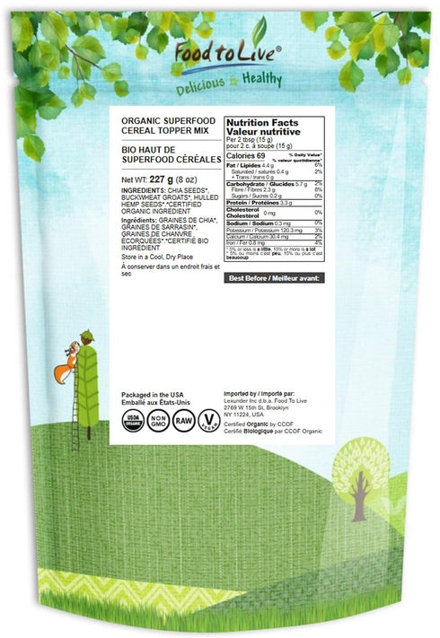 8 Food to Live Organic Superfood Cereal Topper, Ounces - Chia, Buckwheat, Hemp, Non-GMO, Kosher, Raw, Vegan