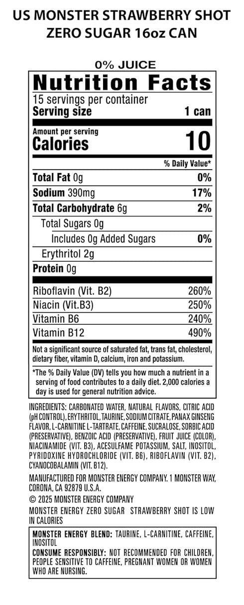 16 (Pack 15) Monster Energy Zero Sugar Strawberry Shot, Green, Original, Free Energy Drink, Ounce Can