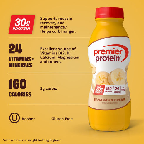 30g 24 Immune 11.5 oz, 12 Pack Premier Protein Shake, Bananas & Cream, Protein, No Added Sugar, Vitamins & Minerals