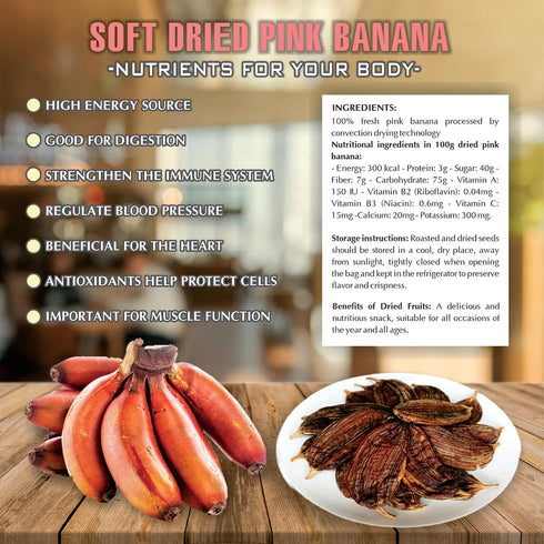 5.29oz (150g) SOFT DRIED PINK BANANA VIETFARMFOOD: Convection dried fruit, pure natural sweetness without sugar, soft