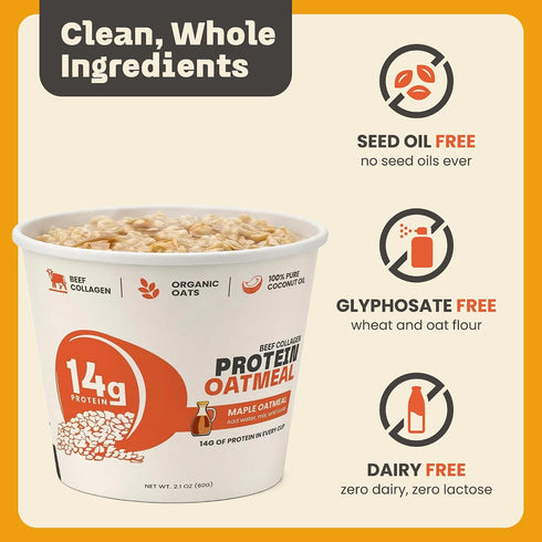 12 Pack 14g Beef Collagen Protein Breakfast Instant Protein Maple Oatmeal with Protein, Beef Collagen, Seed Oil Free