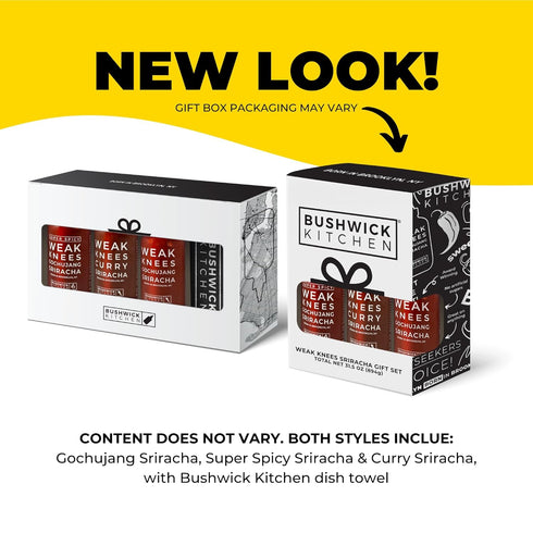 Set 5 Bushwick Kitchen Sriracha Sampler Gift Box, Includes Gochujang Sriracha, Super Spicy Gochujang Sriracha, Curry