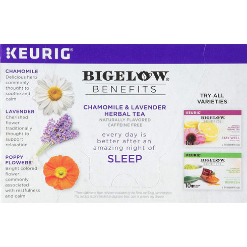 10 Count, Pack 6 Bigelow Tea Benefits Sleep Chamomile & Lavender Herbal Caffeine Free Tea K-Cup Pods