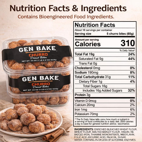 Pet4Homy Pack 2, 22 oz (44 oz Gen Bake Churro Donut Bites of Cinnamon Sugar Dessert Bites, Soft & Sweet Bakery Snack