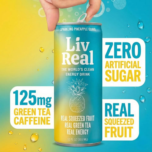 125mg 100mg Pack 12 Pack, 12 oz LivReal Clean Energy Drink Organic Green Tea Caffeine + L-Theanine Real Fruit, No