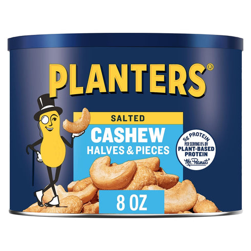 8oz (4 PLANTERS Salted Cashew Halves & Pieces, Party Snacks, Plant-Based Protein Canister)