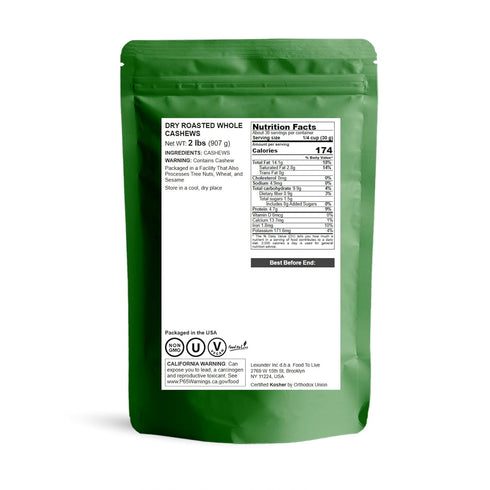 2 Food to Live Dry Roasted Whole Cashews, Pounds - Unsalted, Oven Roasted Cashew Nuts, No Oil Added, Kosher, Vegan