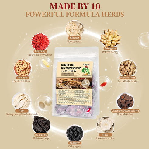 Rlvym 50Pcs 10 Formula(50Bags, 600g) Ginseng Ten Treasures Tea, Chinese Traditional Kidney Care Herbal Tea, Natural