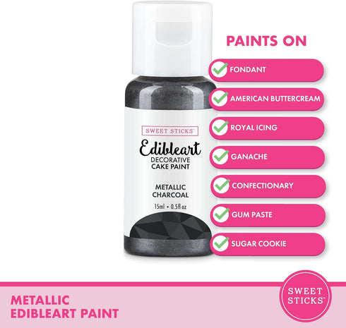 SWEET STICKS 0.5 (15 Edible Art Decorative Cake Paint Ounce Milliliters), Metallic Charcoal