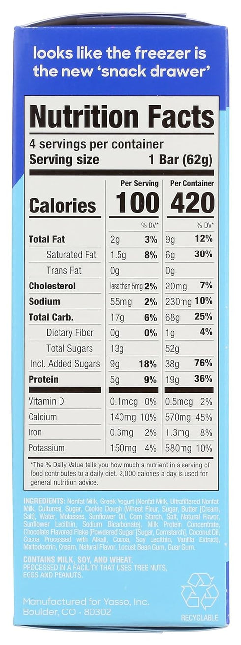 Frozen 14 YASSO Chocolate Chip Cookie Dough Greek Yogurt Bars, FZ