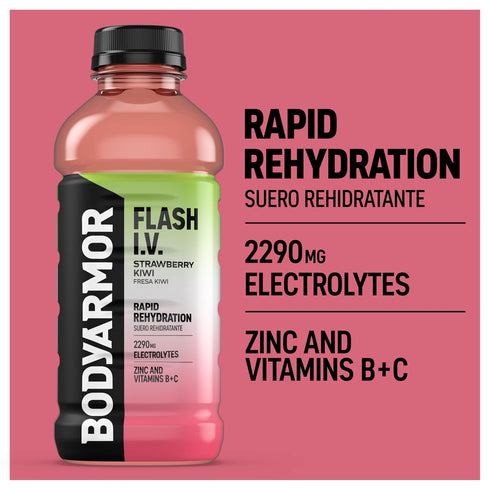 20 Oz (Pack 12) BODYARMOR Flash I.V. Electrolyte Beverage, Strawberry Kiwi, Hydration Drink with Coconut Water