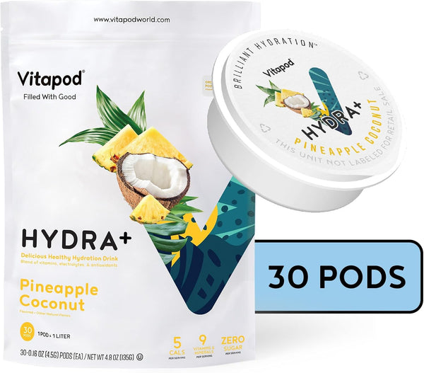 Vitapod Hydra+ Pineapple Coconut Electrolyte Powder Packets 30 Sugar Free Hydration Pods