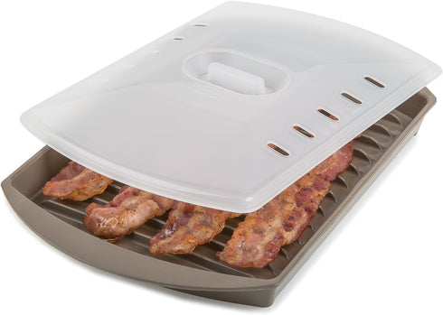 4-6 Frozen 10"L 7"W 2.25"H,Brown Prep Solutions by Progressive Microwave Small Bacon Grill with Vented Cover, Strips