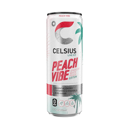 12 Oz (Pack 12) CELSIUS PEACH VIBE Sparkling White Peach, Sugar Free Energy Drink, Fl