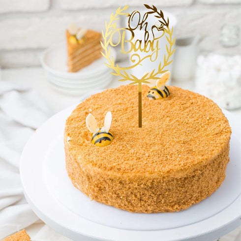 6Pcs Oh Baby Cake Topper, Gold Acrylic Baby Shower Cake Decorations for Birthday Party Supplies