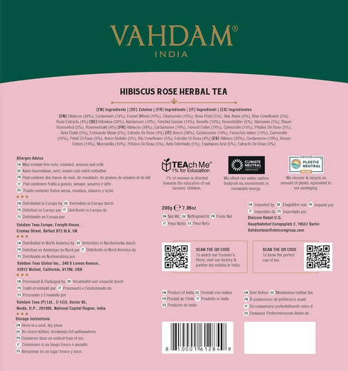 VAHDAM Hibiscus Rose Tea Bags - 100% Whole Hibiscus Flowers Herbal Tea Bags (100 Count) with Rose, Chamomile & Spices