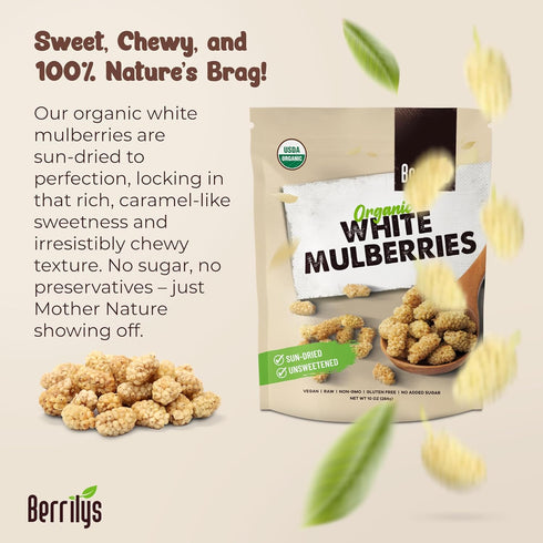 Mulberries Mulberry, 10oz Berrilys Organic Dried - White Non-GMO, Unsulfured, Raw, Kosher, Vegan - Healthy Berries