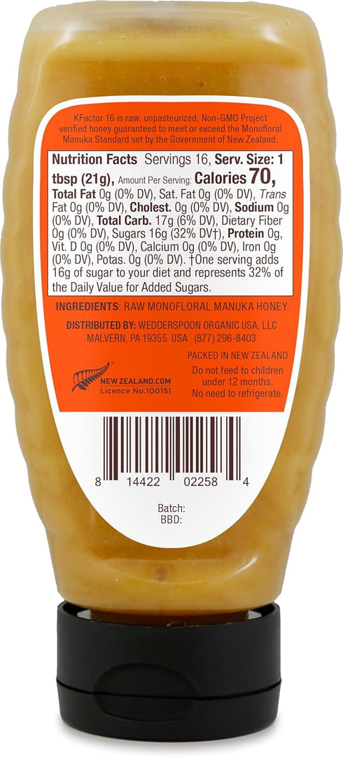 Wedderspoon Raw Manuka Honey - Unpasteurized New Zealand Honey, Multi-Functional Superfood, 12 Ounce