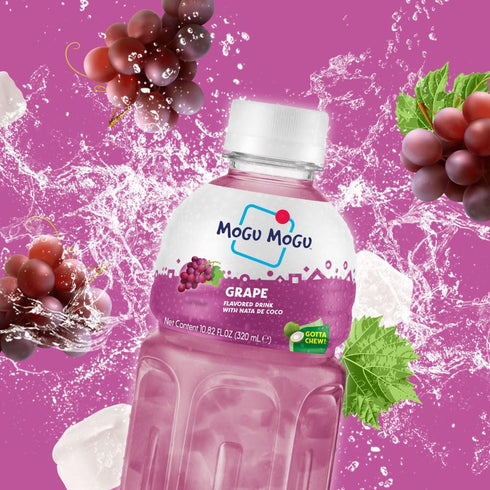 6 Pack 10.82 oz Mogu Mogu Grape Juice Drink with Nata de Coco (Coconut Jelly) Chewy Fruit Beverage for Kids & Adults