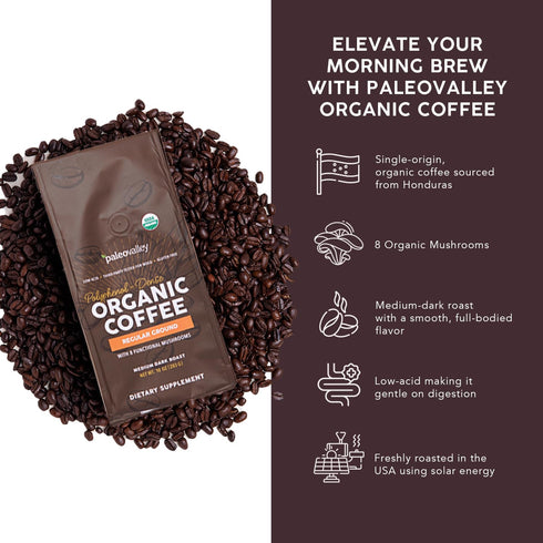 10oz Paleovalley Organic Ground Coffee, - Regular, Low Acid, Single-Origin, Polyphenol-Rich, Infused with Mushrooms