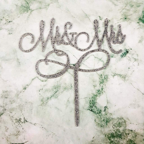 Mr and Mrs Cake Topper Bride and Groom Sign Wedding Engagement Decorations - Silver Glitter Acrylic