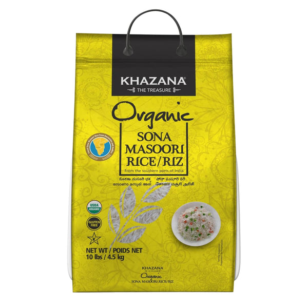 Organic Sona Masoori Rice by Khazana in 10 lb Bag - Aromatic