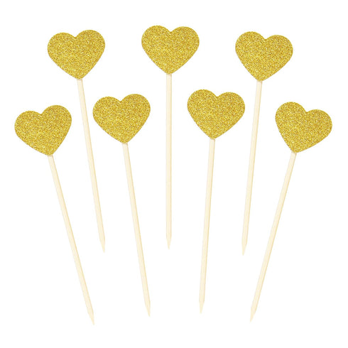 Ercadio Gold Glitter Heart Cupcake Toppers, Sweet Love Theme Cupcake Picks, 40 PCS