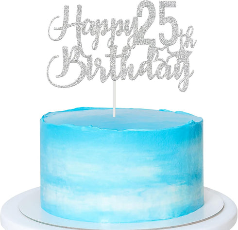 Silver Glitter Happy 25th Birthday Cake Topper, 25th Birthday Party Decoration