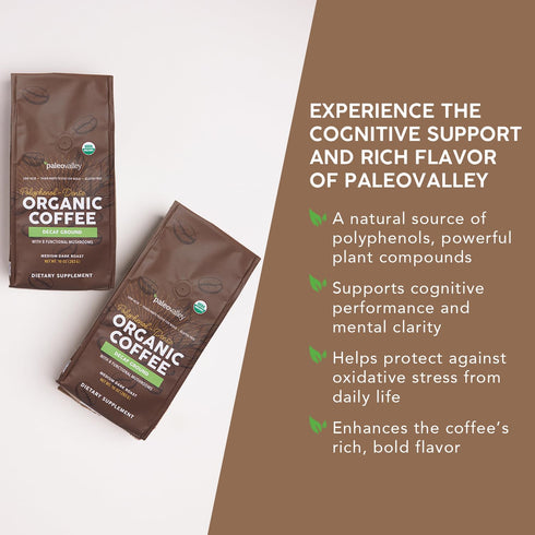 10oz Paleovalley Organic Ground Coffee, - Decaf, Low Acid, Single-Origin, Polyphenol-Rich, Infused with Mushrooms