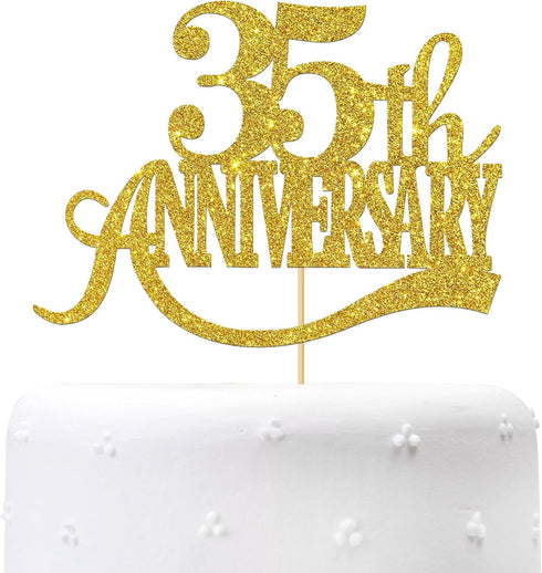 Gold Glitter 35th Anniversary Cake Topper for Happy 35th Wedding Anniversary / Birthday Party Decorations