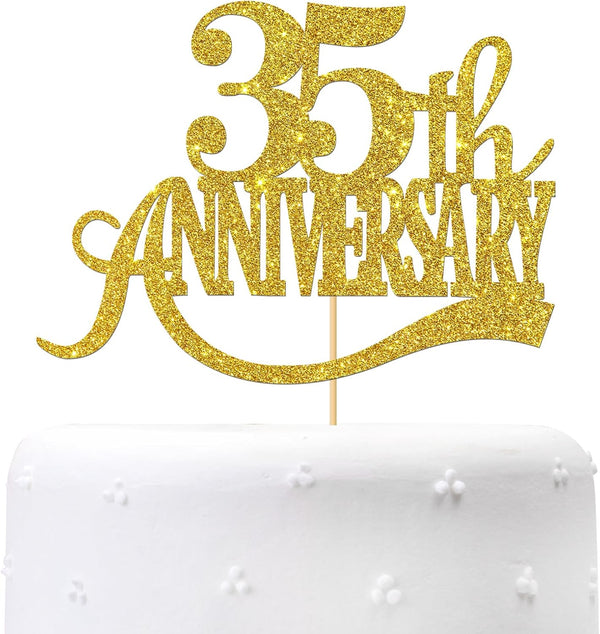 Gold Glitter 35th Anniversary Cake Topper for Happy 35th Wedding Anniversary / Birthday Party Decorations