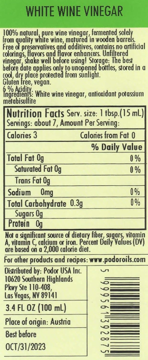 3.4 Oz. 100% PDR Premium White Wine Vinegar - fl. - Natural, Aged in Oak Barrels, Fermented, Unfiltered, Vegan