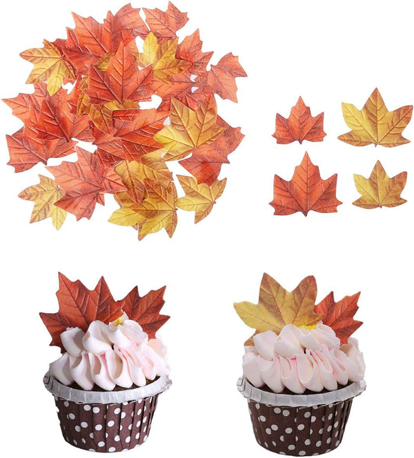GEORLD Edible Fall Leaves Set of 48, Autumn Cake Decorations, Cupcake Topper in 2 Colors