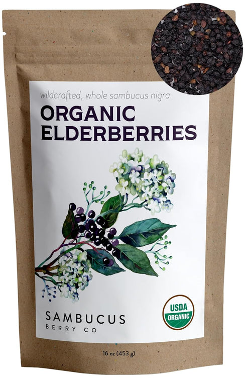 Certified USDA - 100% Organic Dried Elderberries - 1lb Bulk - Non-Irradiated,