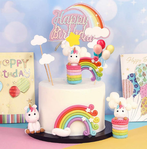 Palksky Colorful Rainbow Cake Topper/Wedding Cake Flags/Cupcake Picks Set - Includes Cloud Balloon Moon Stars