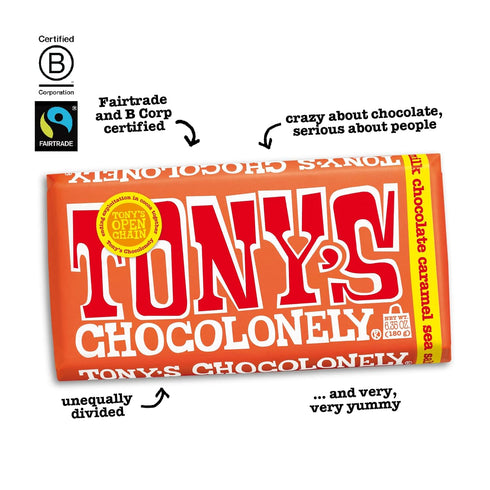 Tony’s Chocolonely Belgian Milk Chocolate Candy Bar, Caramel & Sea Salt, 6.35 Oz, Fairtrade Cocoa