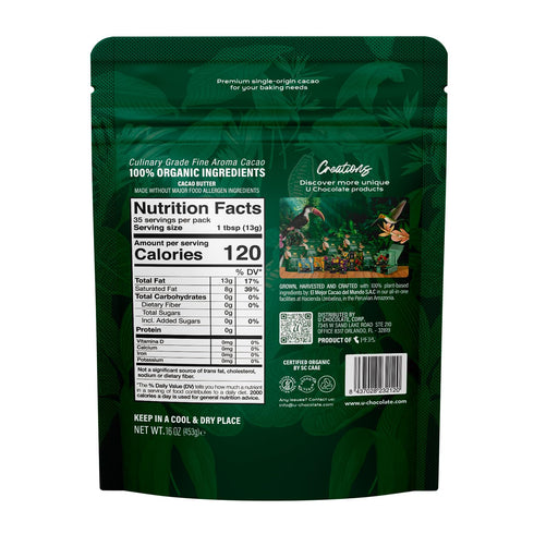 100% 16 oz U Chocolate Organic Cacao Butter, Pure Unrefined Food Grade Fresh from our Farm Vegan, Allergen-Free