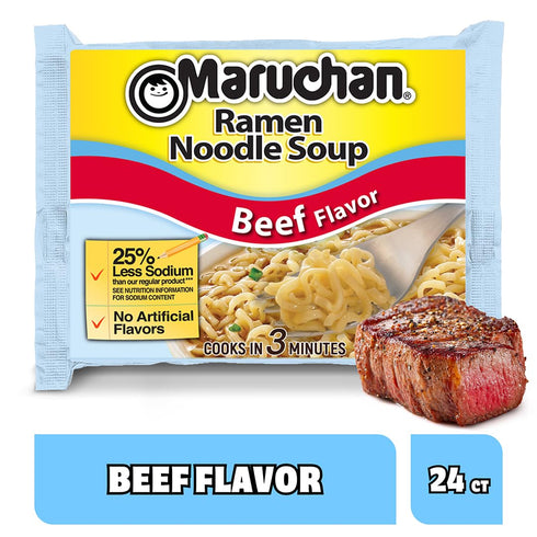 3 Oz, 24 Count Maruchan Ramen Less Sodium Beef, Instant Ramen Noodles, Ready to Eat Meals